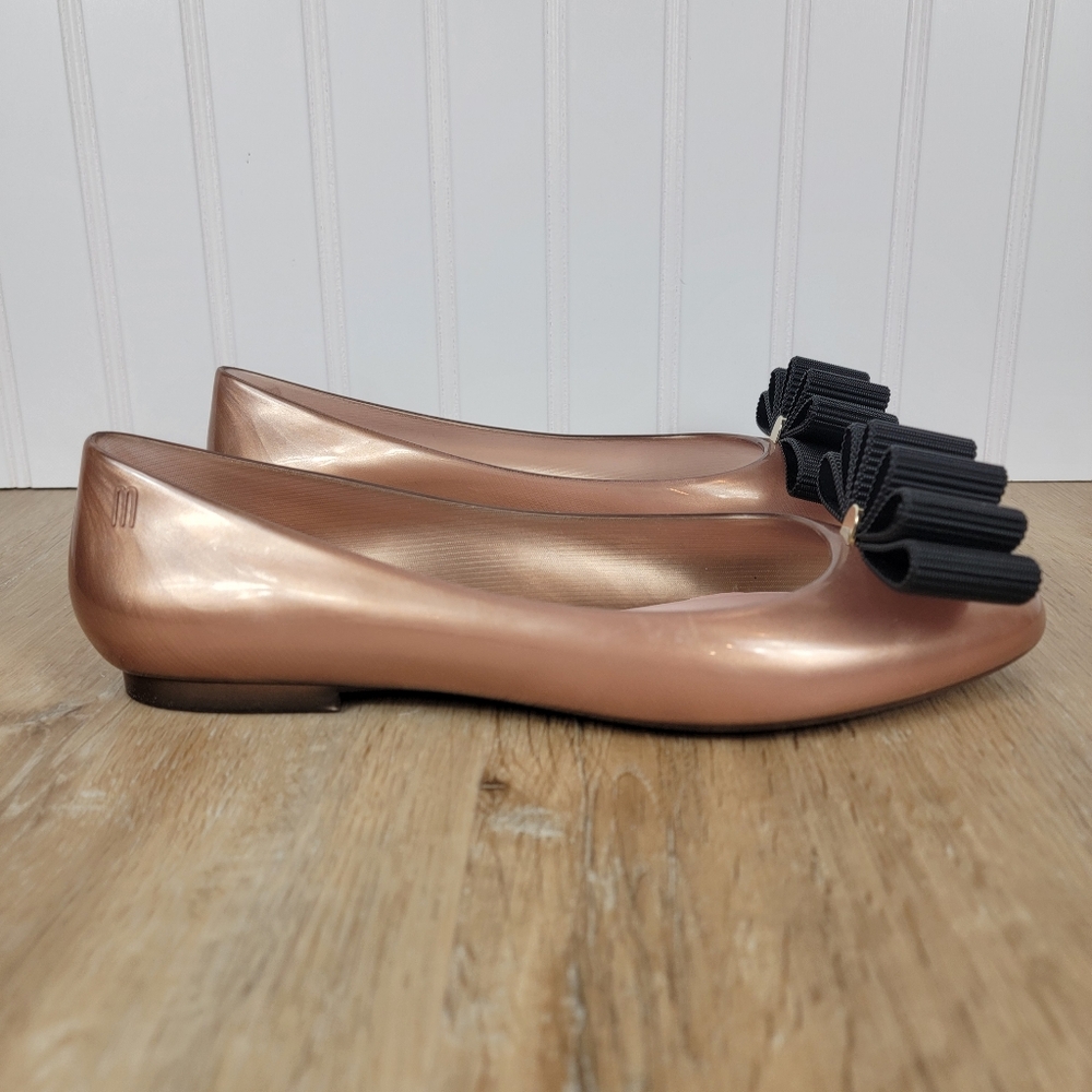 Melissa + Jason Wu Rose Gold Jelly Shoe with Black Bow - Picture 2 of 11
